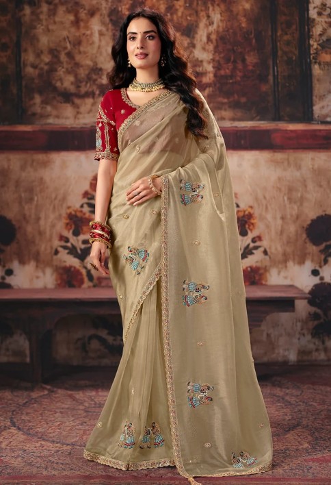 Beige & Red Designer Style Festive Wear Saree